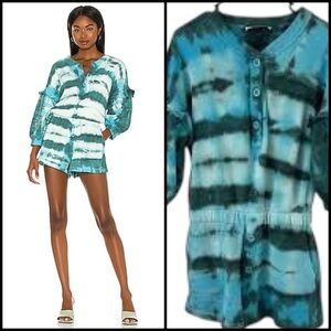 Something Navy Teal Tie-Dye Button-Up French Terry Ruffle Trim Y2K Romper XS